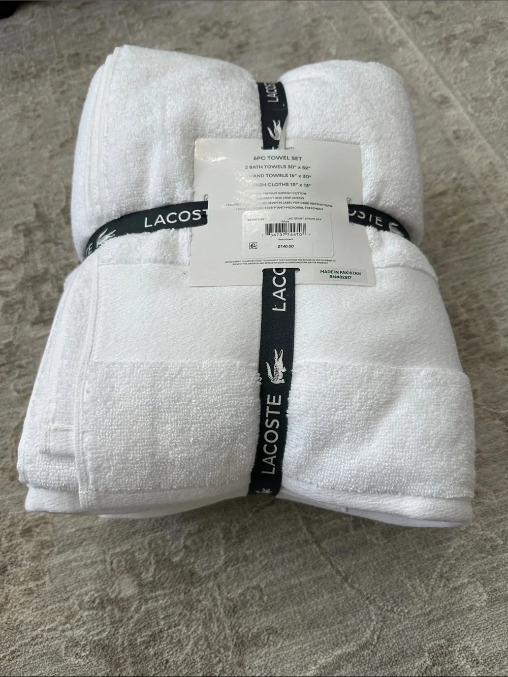 Lacoste Home Heritage Sport Stripe Logo White Cotton 6-Pc. Bath Towel Set NWT’s.